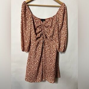 Trixxi Women's Orange Floral Short Sleeve Smocked Mini Peasant Dress Size Large